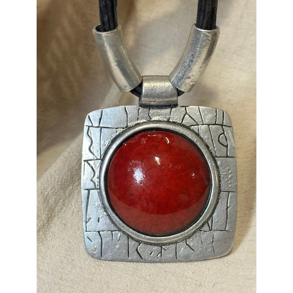 Artisan Handcrafted Necklace Large Square Red and Silver Pendant